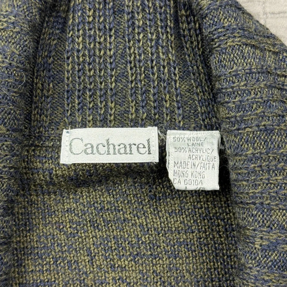 Vintage Cacharel Men Large Shawl Collar Cardigan Wool Blend Green Blue Heathered